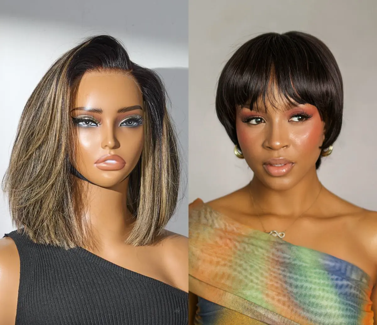 2 For $149.9 | 12 Inches Blonde Highlight Blunt Cut Bob Short Wig+ 6 Inches Throw On & Go Natural Black Pixie Cut-01