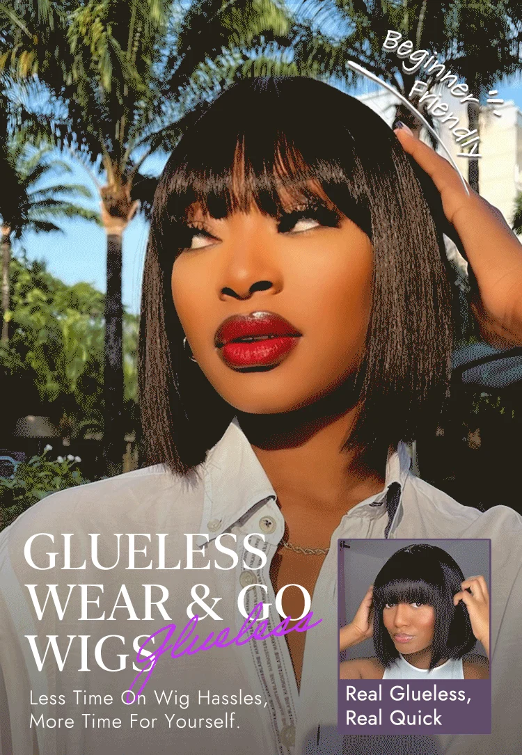 Put On and Go Realistic Glueless Yaki Straight Bob with Bangs Minimalist Lace Wig 100% Human Hair-20