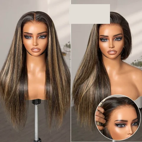 Blonde highlight silky straight PreMax lace wig with 13x4 frontal, glueless, long style, pre-cut lace from .