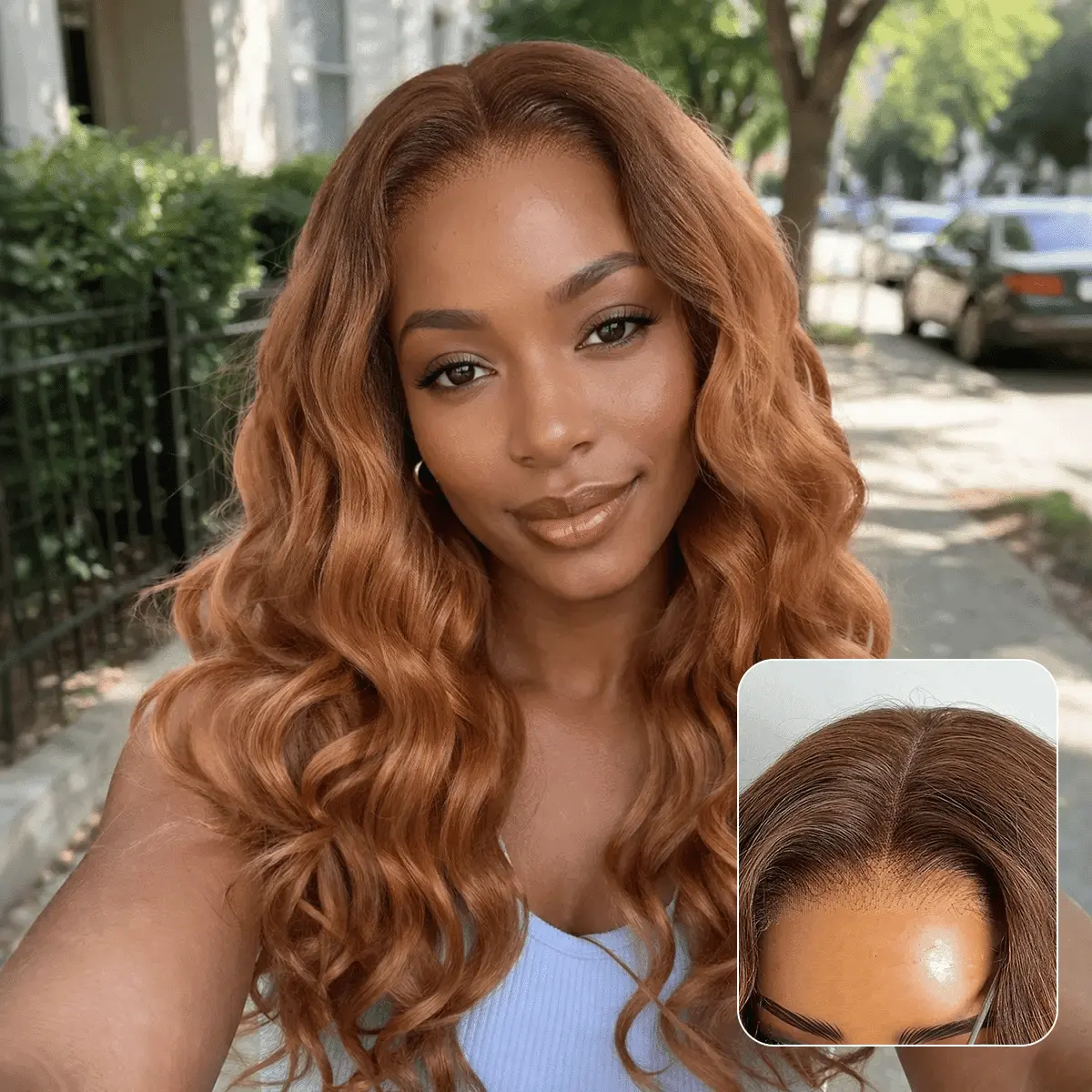 Ombre Ginger Loose Wave HD Lace Wig with 5x5 closure, glueless, pre-cut lace, and flexible drawstring for a natural fit.