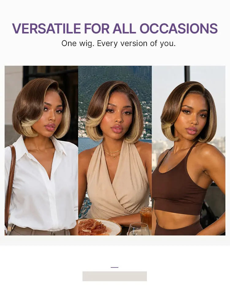 All-Day Comfort Honey Blonde Face-Framing Highlights Blow Out Layered Cut Glueless 5x5 Closure Lace Bob Wig Pre-cut Lace-40