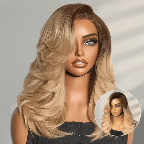 ombre blonde layered lace wig with wavy style, minimalistic HD lace for a natural look and blowout volume.