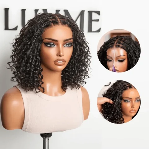boho deep curly glueless 5x5 lace closure wig with braided top, human hair, pre-cut lace, and natural texture.