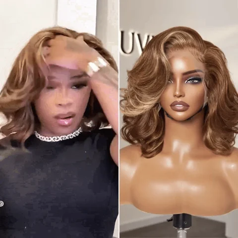 PreMax Honey Brown with Blonde Highlights 13x6 Frontal Lace Human Hair Wig with bouncy body wave style