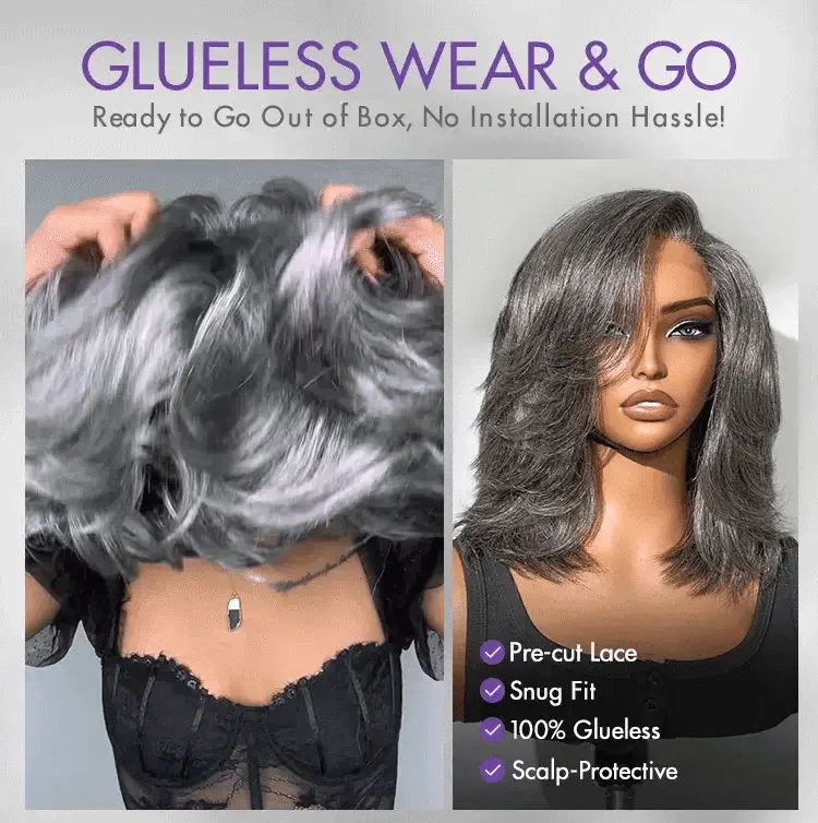 Layered Blowout Salt and Pepper Glueless Grey Wig Minimalist HD Lace Shoulder Length Wavy Wig-20