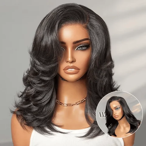 Layered wavy short lace wig by , featuring a glueless HD minimalistic design and effortlessly chic style.