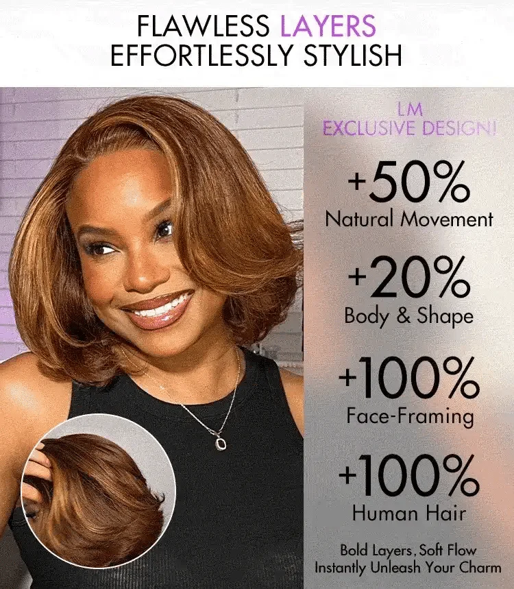 New Customers Only | Limited Design | Toffee Brown Mix Blonde / Natural Black Layered Cut Glueless 5x5 Closure Lace Bob Wig-16