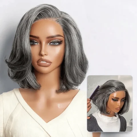 layered gray human hair bob wig with minimal lace and pre-cut lace for a glueless, natural look.