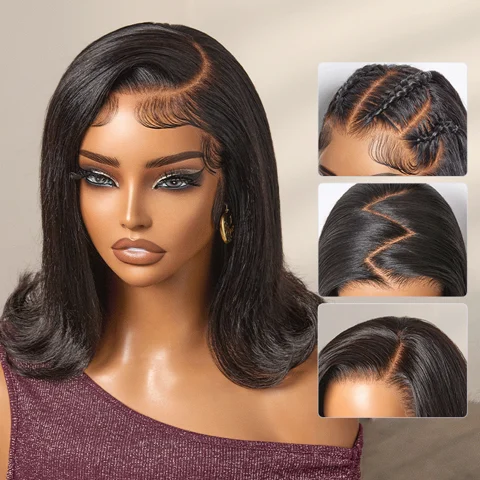 retro 90s flip ends bob cut wig with glueless 13x4 lace frontal, straight human hair hairstyle, natural look