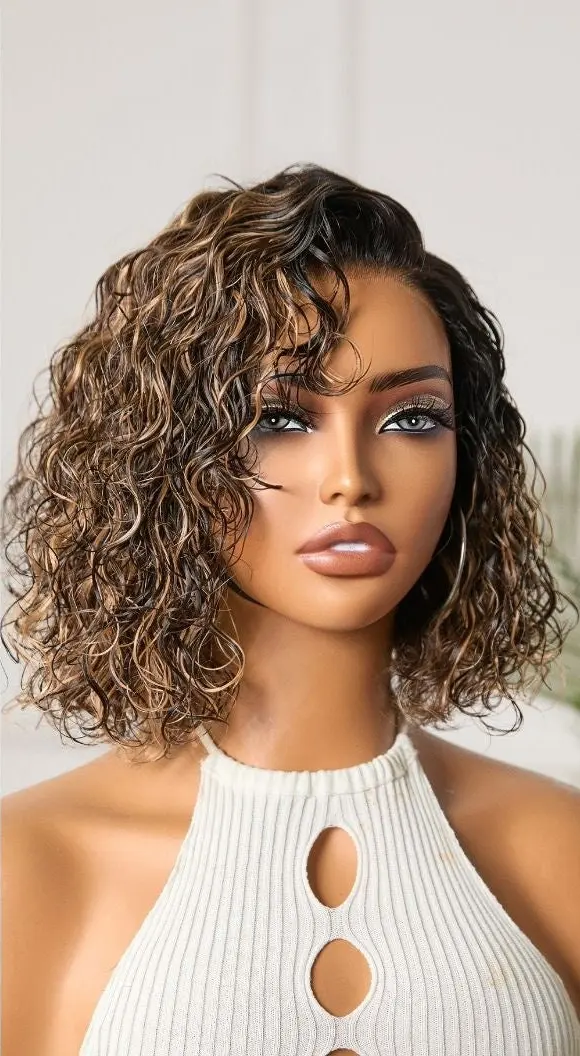blonde highlight ombre water wave short curly bob wig with HD lace, glueless, pre-cut lace, natural black and brown shades