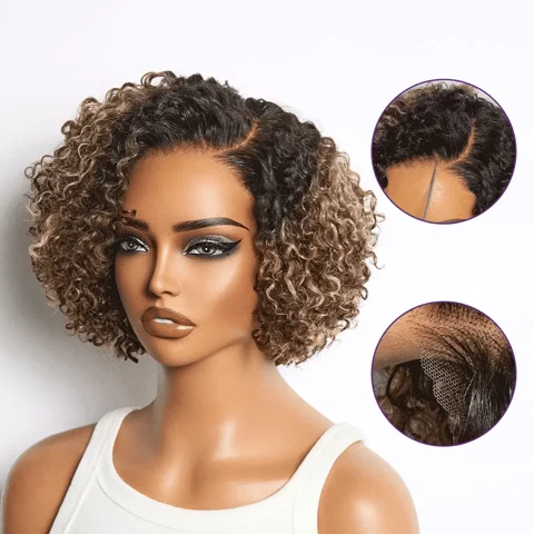 Blonde highlight short kinky curly lace wig by , glueless, pre-cut lace, minimalist HD lace, natural curly texture.