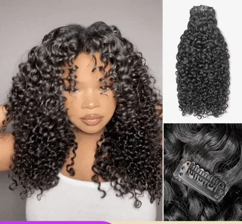 messy Burmese curly seamless clip-in human hair extensions with free gift, showing the textured curly hair clips.