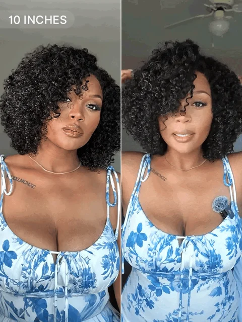 short cut curly HD lace glueless side part wig made of 100% human hair, showcasing natural curls and minimalist style.