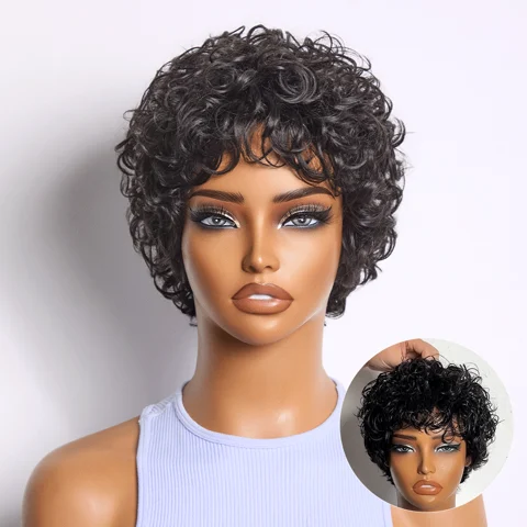black curly short glueless wig with cotton cap, natural look, comfortable fit, ideal for hair loss or everyday wear