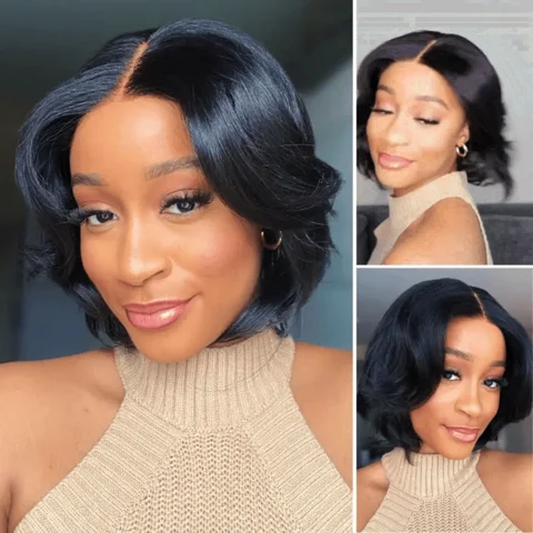 glueless HD lace wig featuring a natural black ombre short pixie cut, minimalistic style with pre-cut lace.
