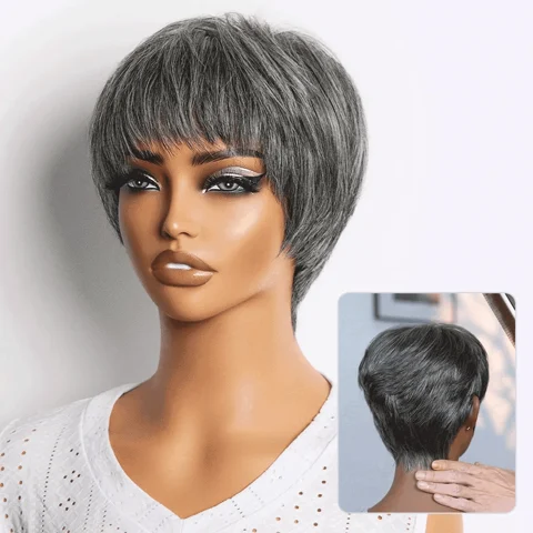 short pixie cut wig with bangs, 100% human hair, glueless, skin-like soft, comfortable for hair loss recovery.