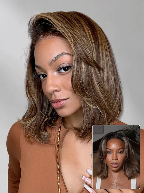 Blonde Highlight / Brown Highlight Short Layered Bob Wig Glueless 5x5 Closure Pre-Cut Lace Wig-63