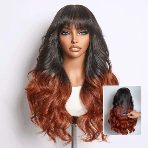 ombre reddish brown loose wave lace closure wig with bangs, glueless 5x5 closure, pre-cut lace for easy wear