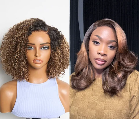 2 For $159.9 | 10 Inches Blonde Highlight Short Cut Kinky Curly Wig+ 14 Inches Pre-Layered Cut Brown Highlight  Shoulder Length Wig-01