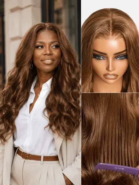 All Day Curl Hold honey chestnut brown 7x6 HD lace glueless wig with loose waves and pre-cut lace, 180% density.