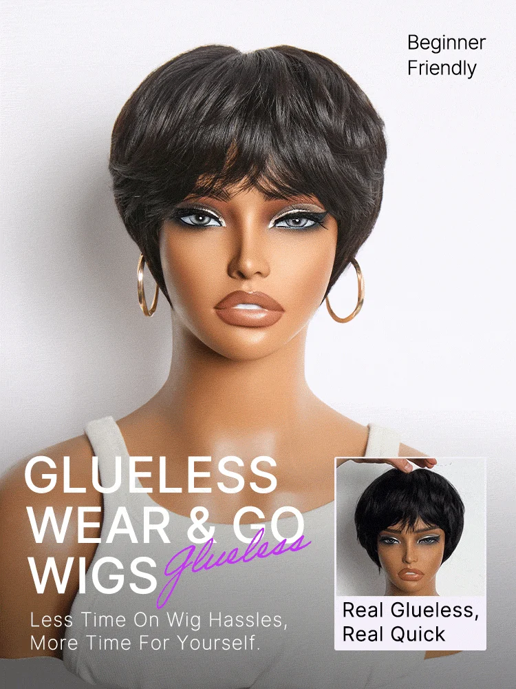 Throw On & Go Natural Black Pixie Cut with Swept Bangs Glueless Minimalist Lace Wig-10