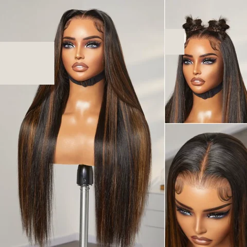 PreMax 13x4 frontal lace wig with silky straight, brown highlights, natural hairline, long length, glueless style
