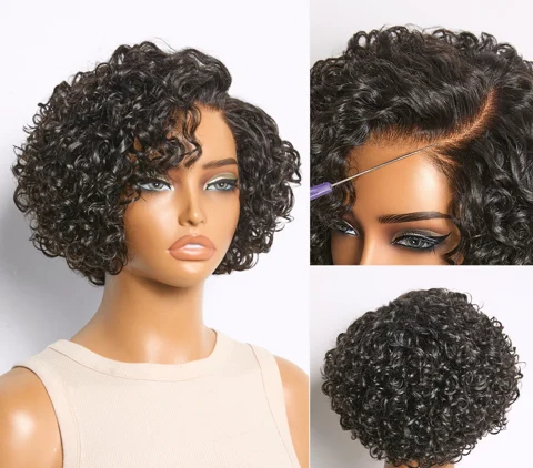 water wave pixie cut wig with short curly style, HD lace, and glueless design for a minimalist look.