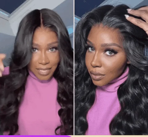 all-day comfort glueless body wave wig with 7x6 HD lace closure and high-density loose wave style.