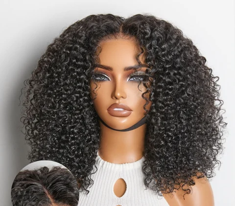 Afro Curly 5x5 lace closure wig with glueless design, pre-cut, 200% density, and adjustable drawstring cap.