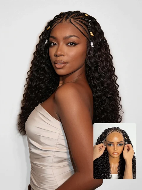 boho Fulani braids water wave 13x4 frontal lace wig with pre-cut lace and human hair for natural styling.