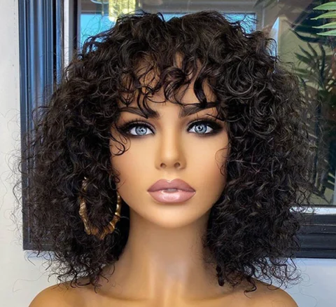 beginner-friendly water wave lace glueless short curly wig with bangs, showcasing natural hair texture and minimal style.