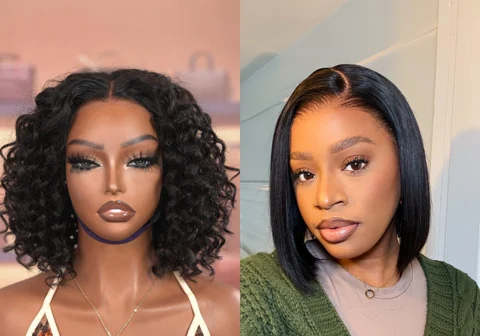 10 Inches Beach Wave Glueless 13x4 Lace Front Short Wig+ 12 Inches Silky Blunt Cut Bob Front Wig-01