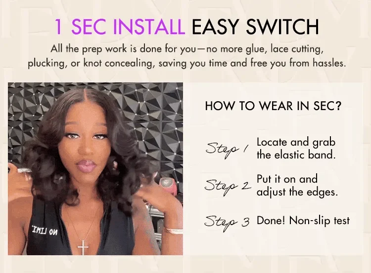 1 SEC INSTALL WIG | Gorgeous Natural Black Loose Wave 5x5 Closure Lace Glueless Short Wig 100% Human Hair | Large & Small Cap Size-15