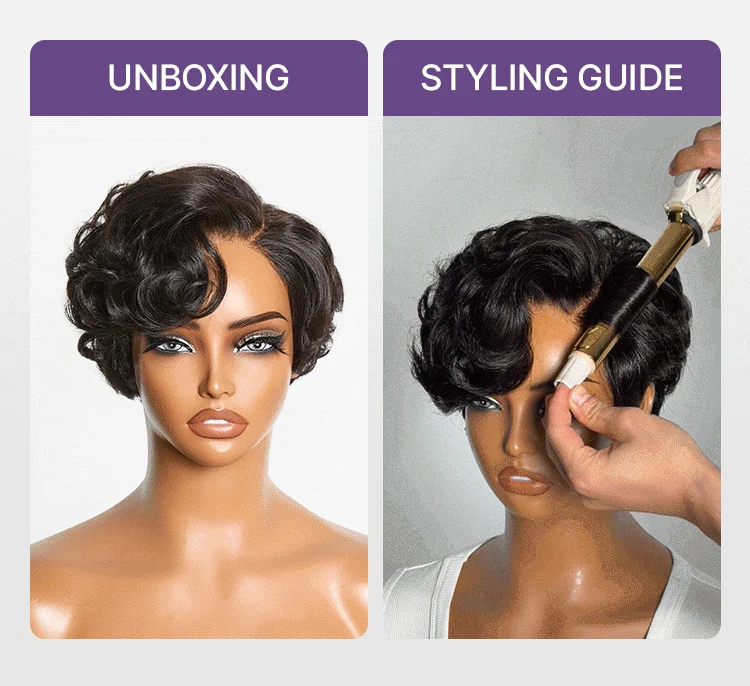 New Customers Only | Beginner Friendly Natural Black Lightweight Roll Curl Glueless Minimalist HD Lace Short Pixie Cut Wig Pre Cut Lace-16