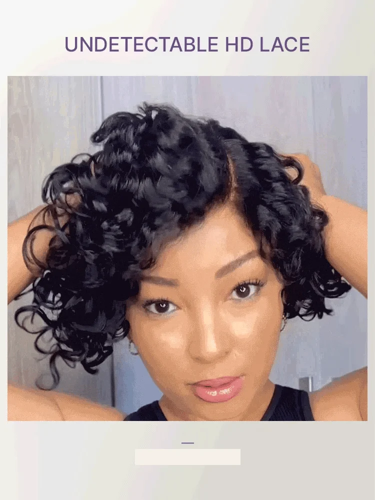 Brown Highlight Water Wave Pixie Cut Glueless Minimalist HD Lace Short Curly Wig-27