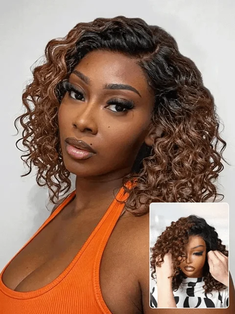 Ready to Go Ombre Brown Water Wave Short Curly Bob Wig Glueless Minimalist HD Lace Wig Pre-Cut Lace-24