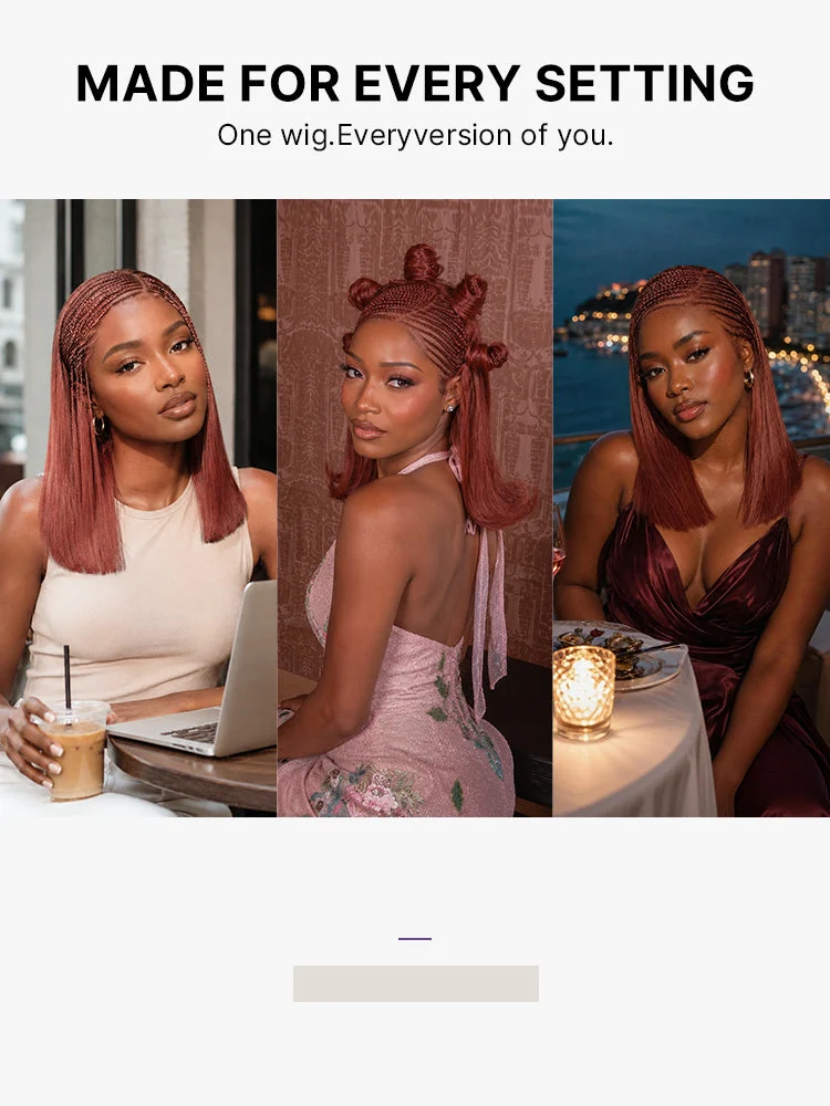Trendy Copper Red Fulani Braids Straight 13x4 Frontal Lace Bob Wig Pre-cut Lace Drawstring Cap-15