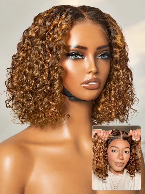 Warm Caramel Brown / Natural Black Deep Curly Glueless 5x5 Closure Pre-Cut Lace Wig-53
