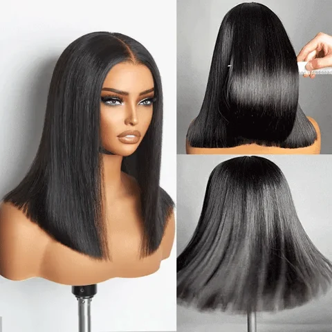 PreMax Super Natural Hairline silky blunt cut bob lace wig with 5x5 closure, glueless design, and natural hair appearance.