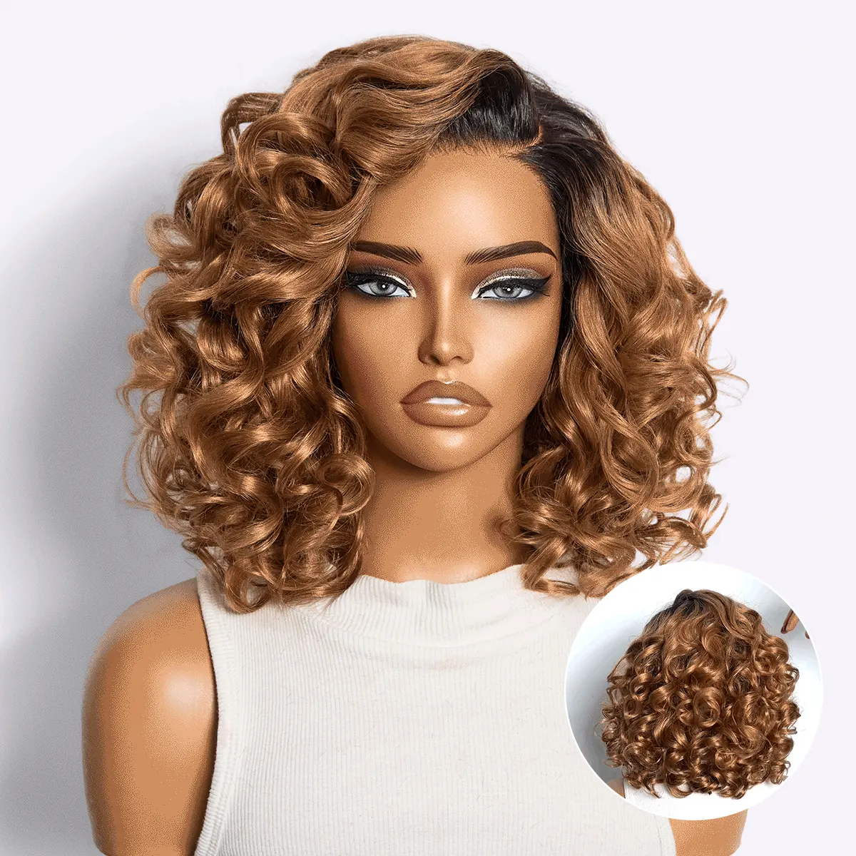 dark root ombre brown lace wig with loose waves, bouncy texture, minimalistic design, ready-to-wear, glueless fit