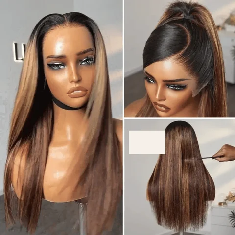 PreMax Wigs blonde highlight silky straight 13x5 lace frontal wig with pre-cut lace, ear-to-ear style, long and glueless from .
