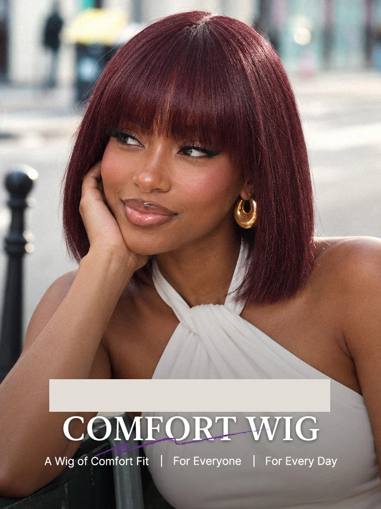 Reddish Purple Realistic Glueless Yaki Straight Bob with Bangs Minimalist Lace Bob Wig All-Day Comfort Cap