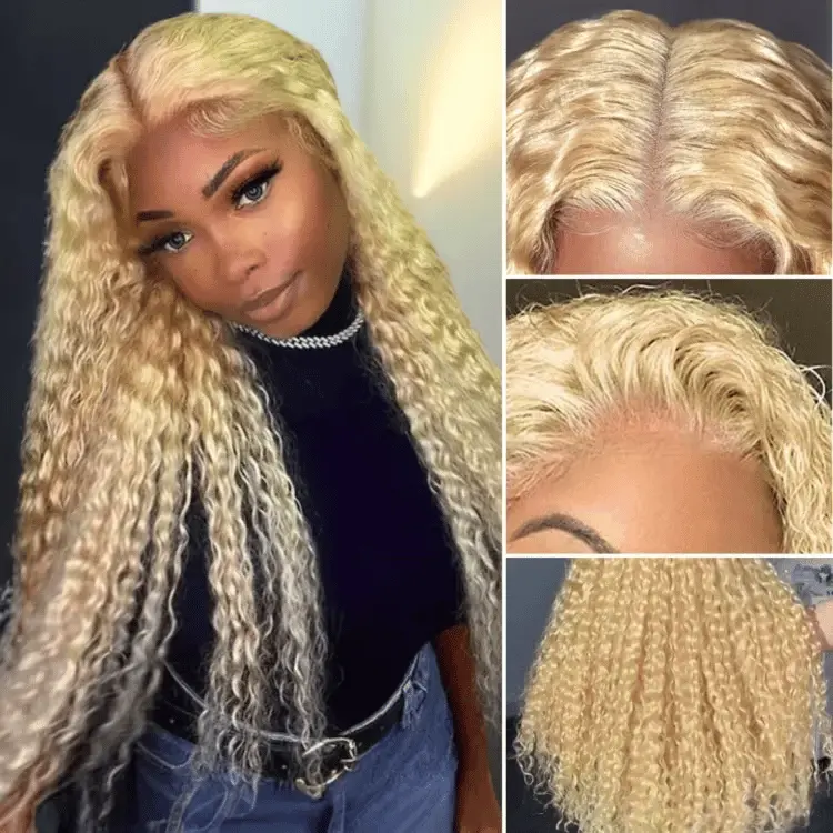 Golden blonde 613 water wave glueless 5x5 closure wig with invisible HD lace and long curly human hair, styled with natural waves.