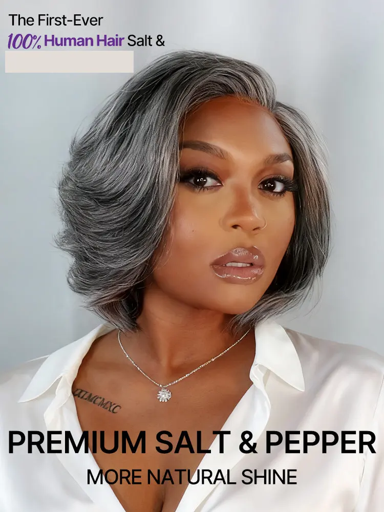 New Customers Only | Salt & Pepper 100% Human Hair Layered Bob Wig Glueless Minimalist Lace Grey Wig Pre-Cut Lace-10