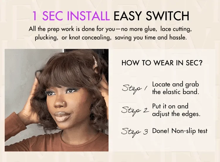 Beginner Friendly Brown Loose Wave Glueless Minimalist Lace Shoulder Length Wavy Bob Wig with Bangs-12