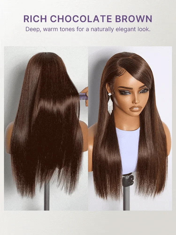 Rich Chocolate Brown Silky Straight 180% Density Glueless 13x4 Lace Frontal Wig Pre-Cut Lace-29