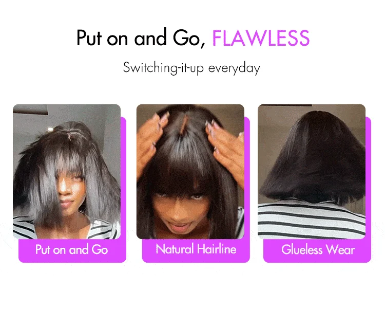 Weekly Special | Put On and Go Realistic Glueless Yaki Straight Bob with Bangs Minimalist Lace Wig 100% Human Hair