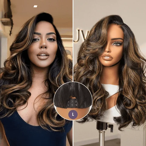 All-Day Comfort™ brown highlight loose body wave HD lace wig with pre-cut lace and 200% density, minimal glueless style.
