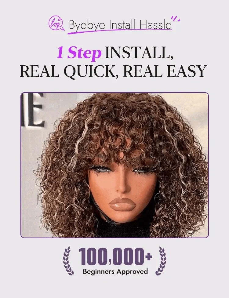 Beginner Friendly Ash Blonde Highlights Water Wave True Scalp Minimalist Lace Glueless Curly Wig with Bangs-41