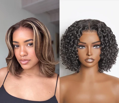 10 Inches Brown Highlight Short Layered Bob Wig+ 12 Inches Natural Black Deep Curly  Pre-Cut Lace Wig-01